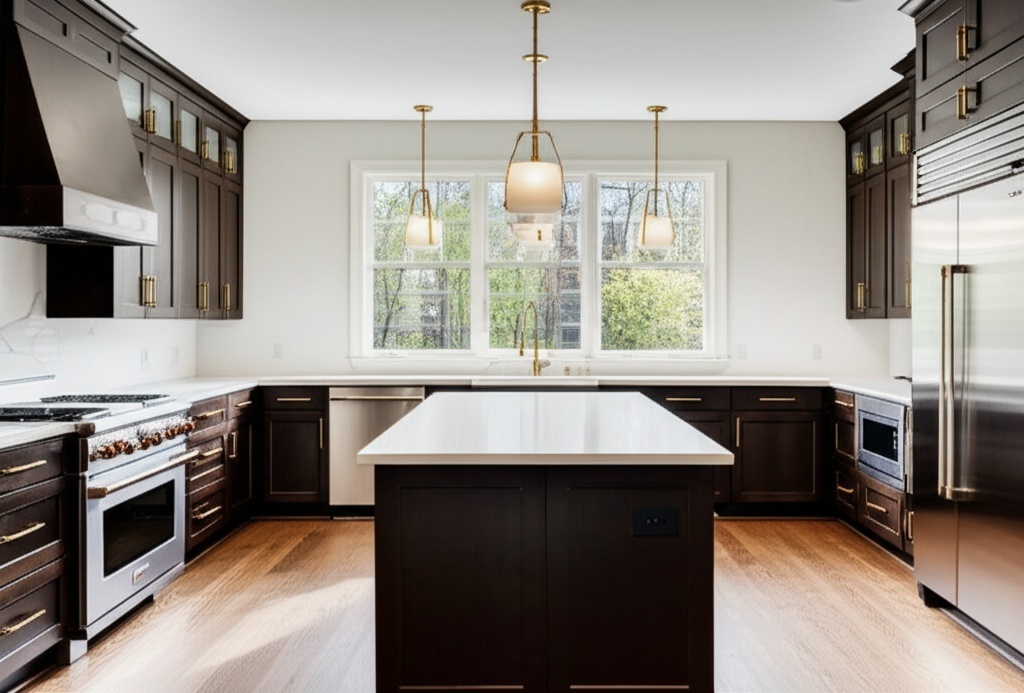 Luxurious modern kitchen remodel in Stafford with white quartz countertops and gold hardware
